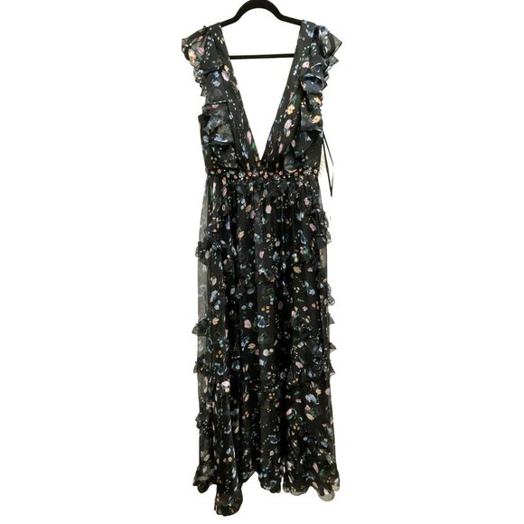 Mac Duggal Sz 10 Black Floral Beaded Waist Formal Gown Maxi Dress NWT - Picture 3 of 10